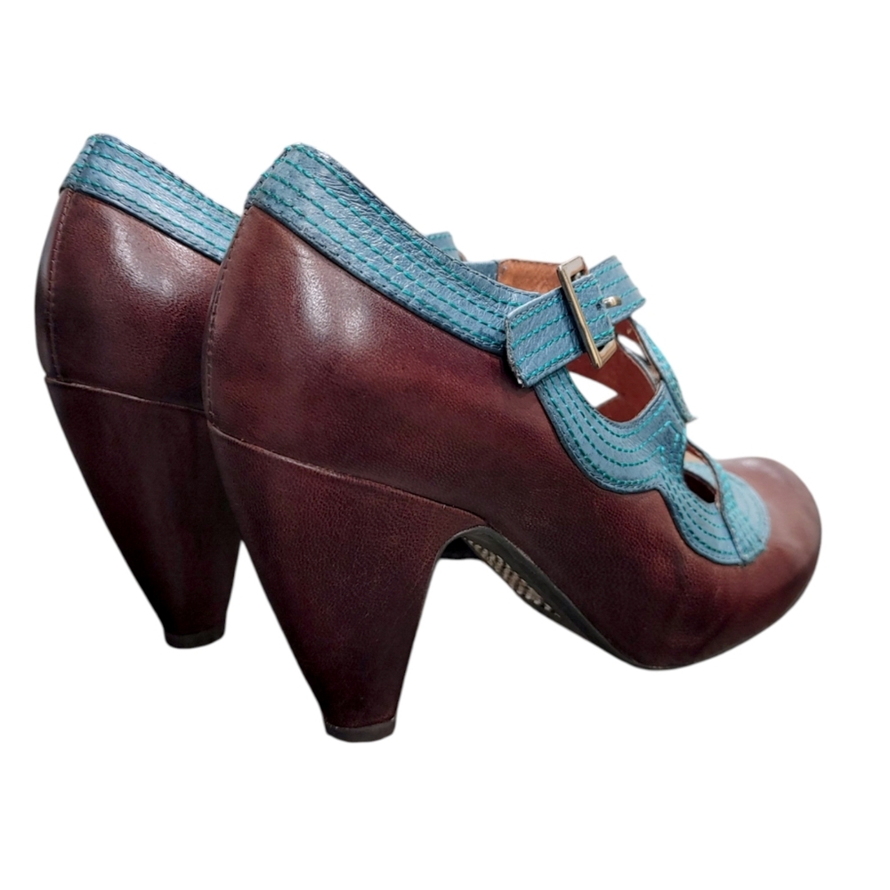 Miz Mooz Soho Brown Teal Leather Mary Jane Retro Pin Up Heels Women's Size 7.5 - Picture 5 of 10
